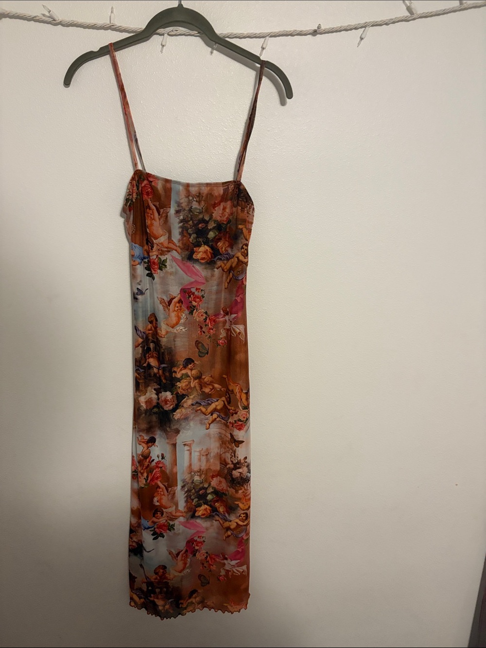 SHEIN Brown Pink Multi-Color Floral Cherub Print Midi Slip Dress